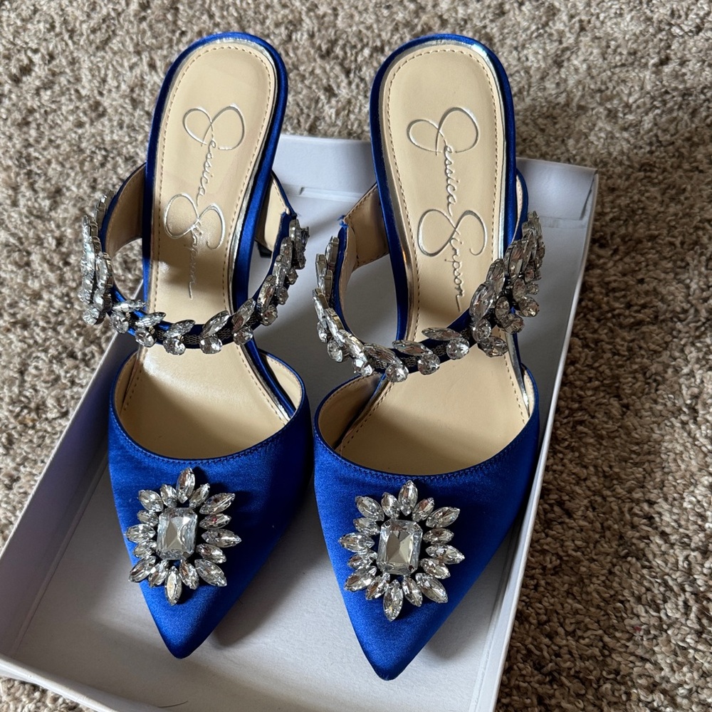 Jessica Simpson Royal Blue Satin Heels with Crystal Embellishments
